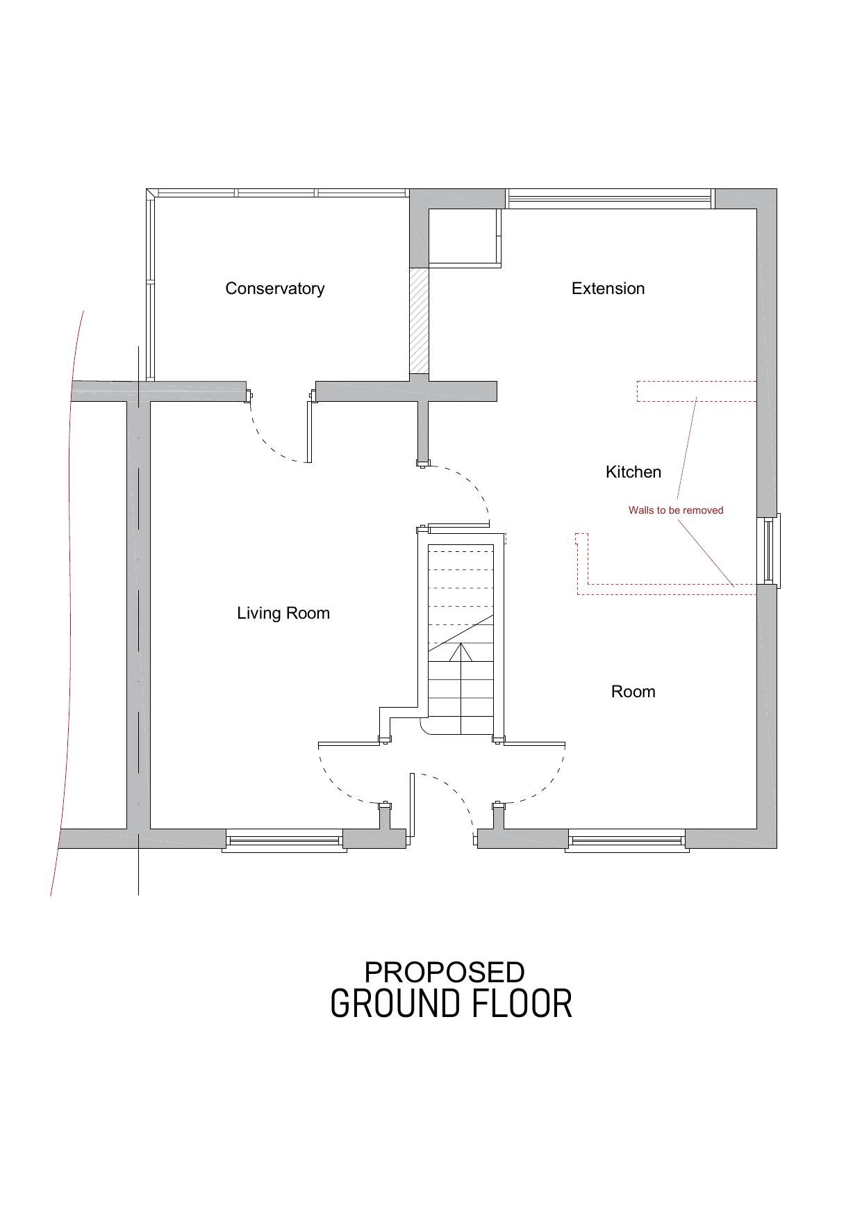 Ground floor plan showing walls to be removed for open plan layout